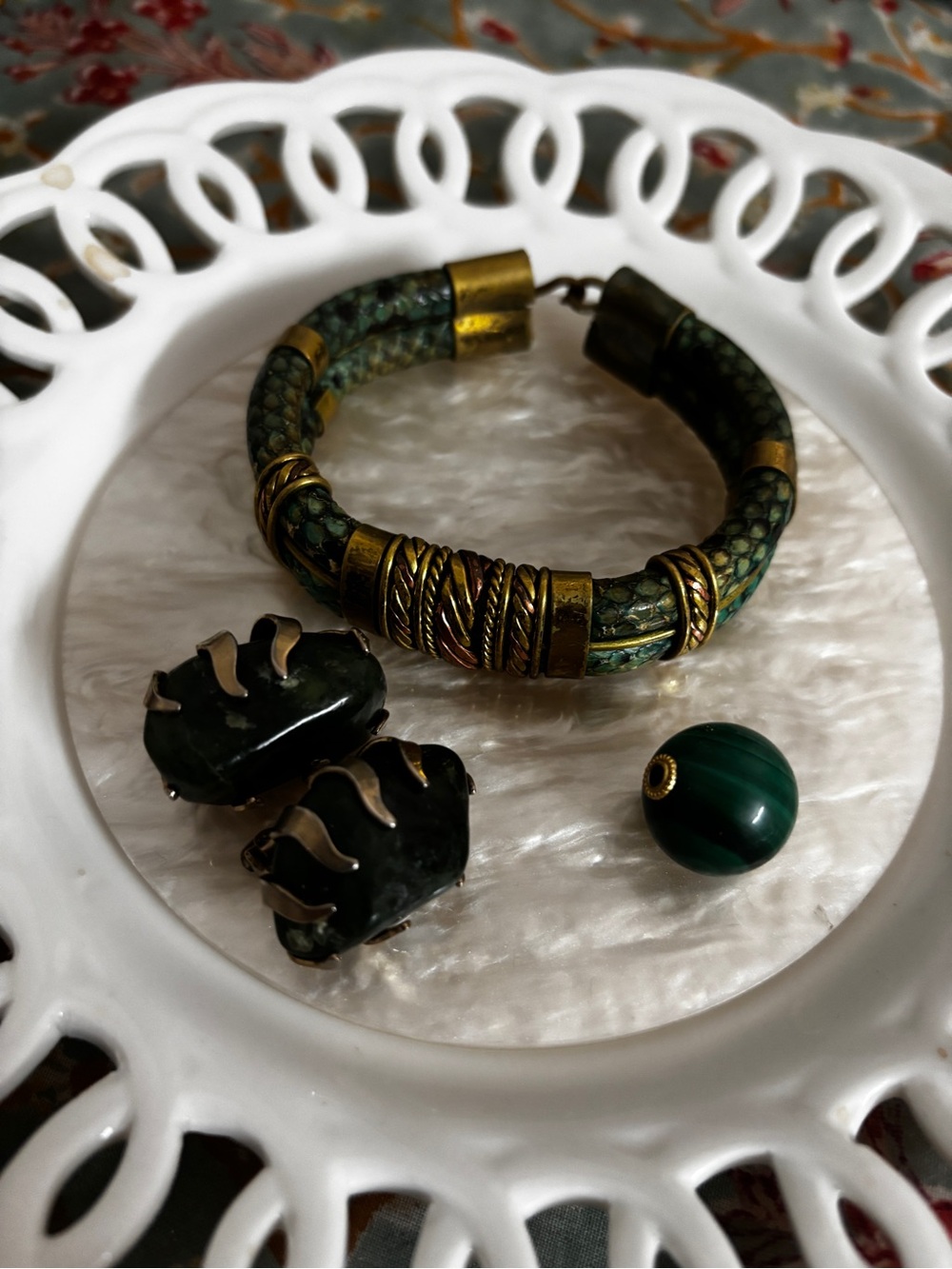 Leather Bracelet with Brass Accents, Agate Moss Earrings, Malachite Charm Lot